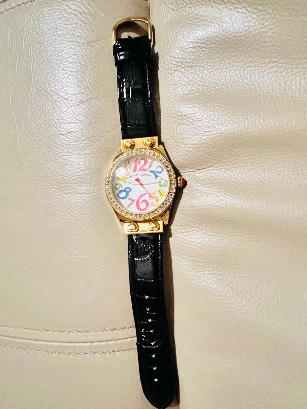 Betsey Johnson Gold-Tone Watch with Multicolor Numerals and Black Strap - Picture 3 of 6